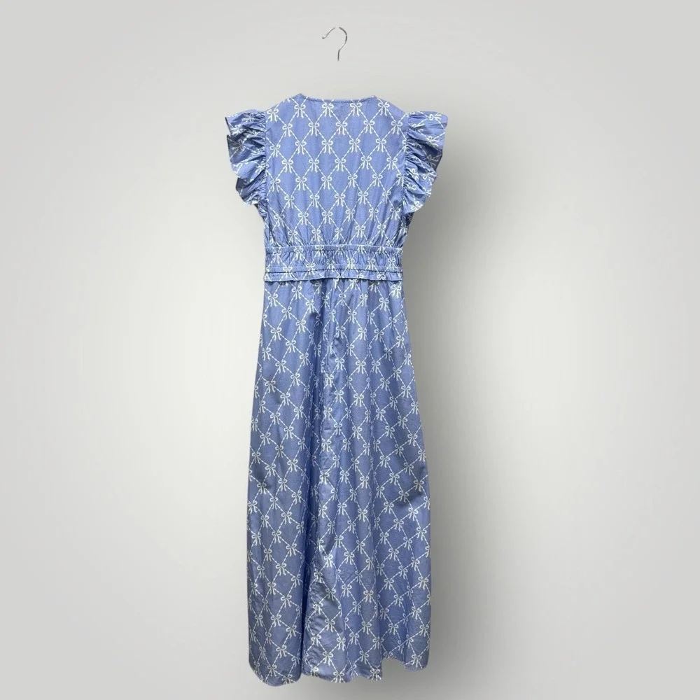 Sail to Sable Hydrangea Bow Print Flutter Sleeve V Neck Maxi Dress Blue SP25T5 S - Picture 6 of 9